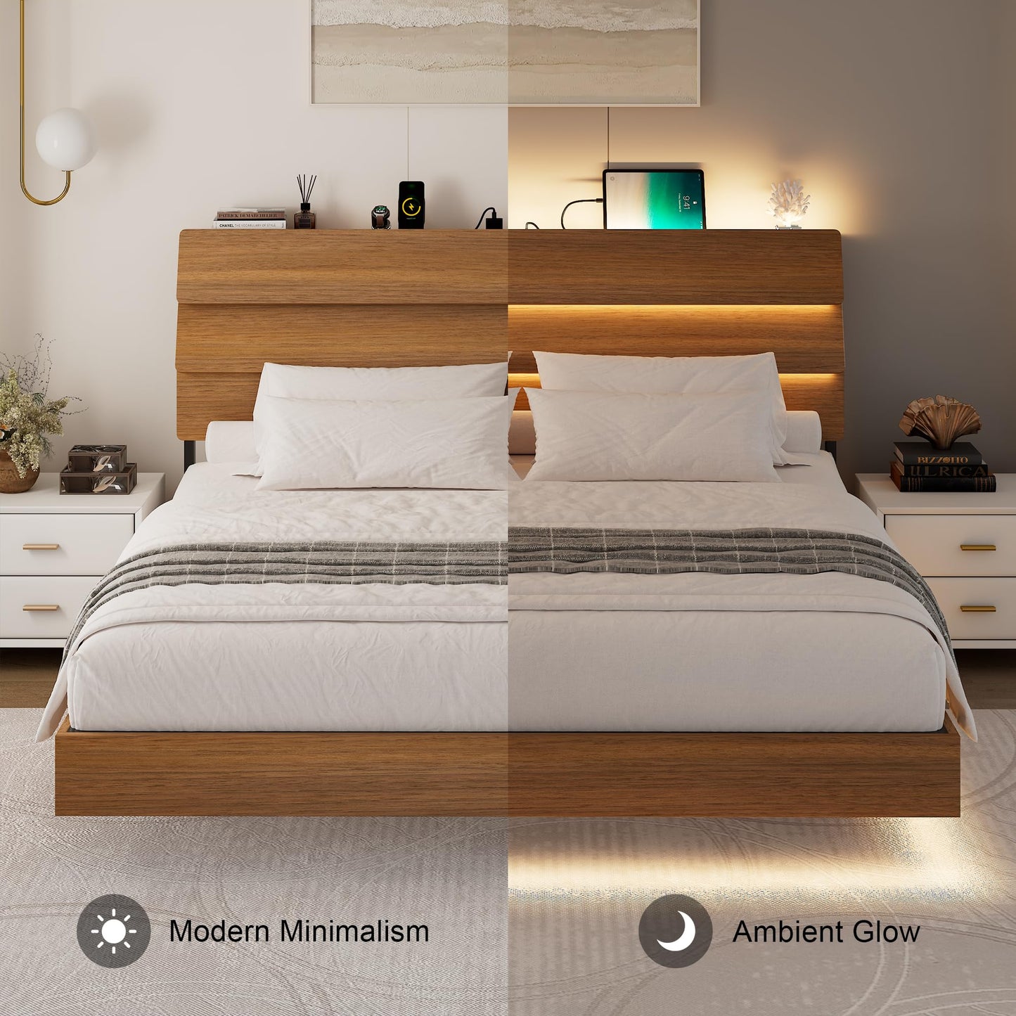 Feonase Floating Bed Frame King with Led Lights and Charging Station, Wood Full Size Bed Frame with Storage Headboard, Heavy Duty Metal Slats, No Box Spring Needed, Easy Assembly,Walnut