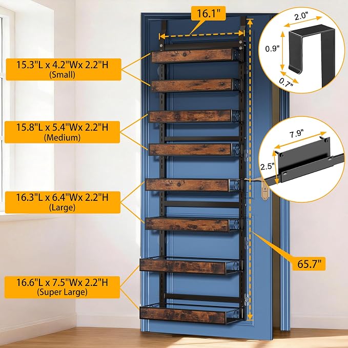 8 Tier Over The Door Pantry Orangizer 2 IN 1 Wall Mounted or Hanging Spice Rack with Adjustable Wood Basket,Heavy Duty Seasoning Storage Shelf for Kitchen Pantry and Bathroom