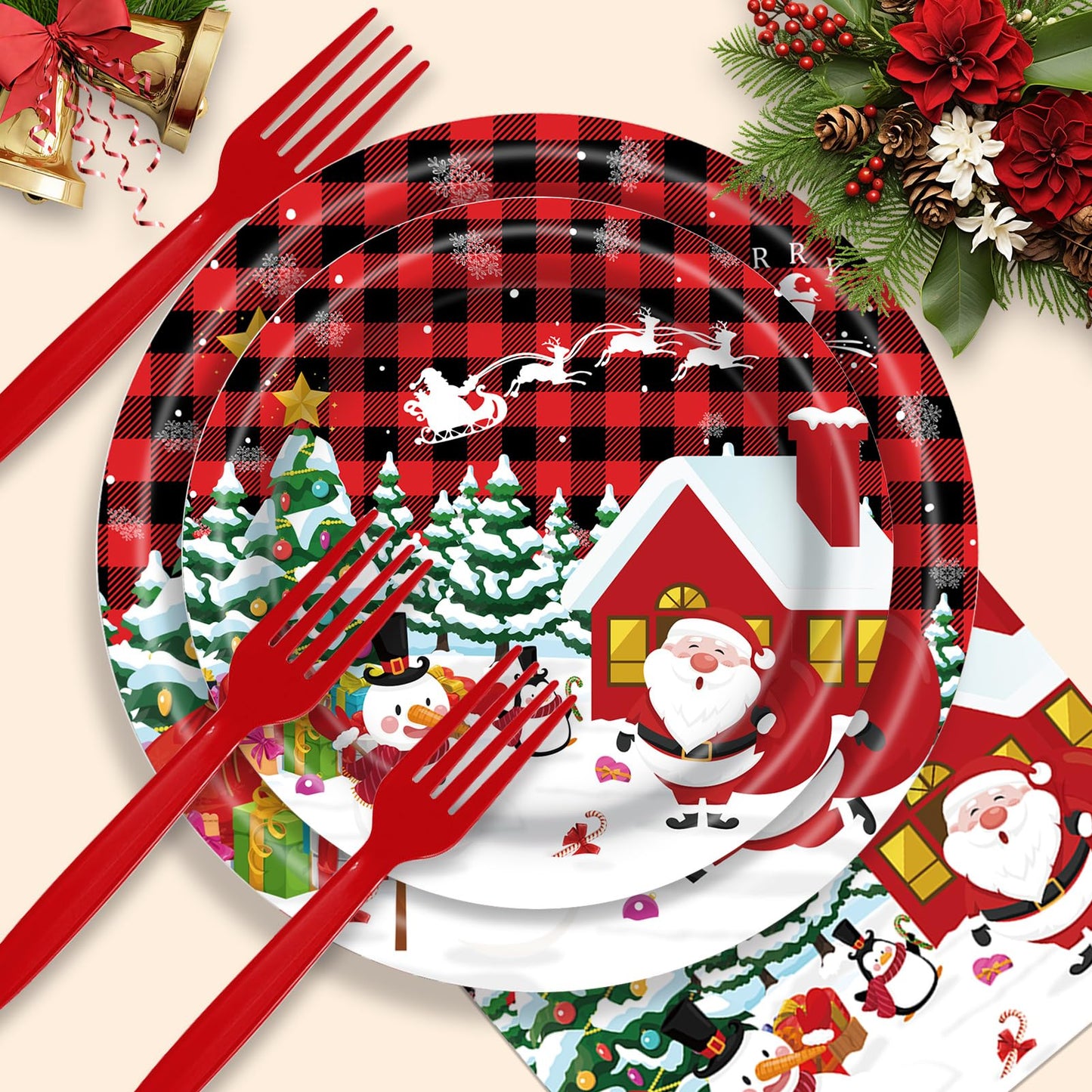 AWLZJZQA 122 PCS Christmas Party Supplies Serve 24 Guests Merry Christmas Plates and Napkins Party Decorations Disposable Dinnerware Decor Snowman Santa Claus Red Grid