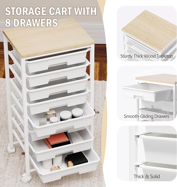 Rolling Cart with 8 Drawers, Storage Drawers Cart with Wooden Tabletop and Lockable Wheels, Craft Storage for Living Room, Office, Classroom, Craft Room, Bedroom