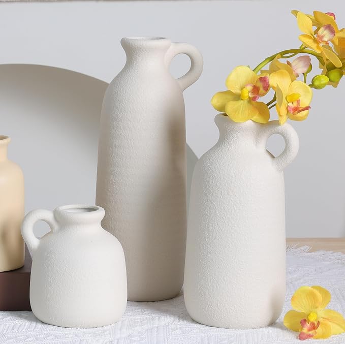 Ceramic Vase Set of 3 with Handle, White Modern Farmhouse Vases for Pampas Grass & Dried Flowers, Flower Vase for Table Living Room Home Decor