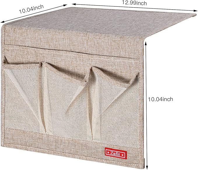 Zafit Linen 4 Pockets Bedside Caddy, Bedside Storage Organizer for Magazine, Remotes, Phone (Beige, Classic 4 Pockets)