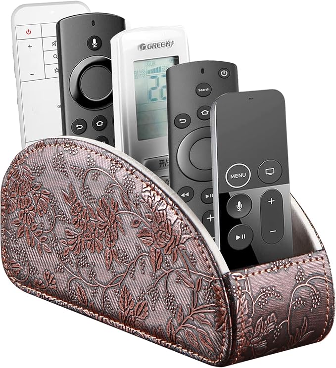 YAPISHI All-in-One Leather Brown TV Remote Holder with 5 Compartments Nightstand Desktop Media Player Remote Caddy Storage Box Organizer Tray for Mobile Office Phone Controller