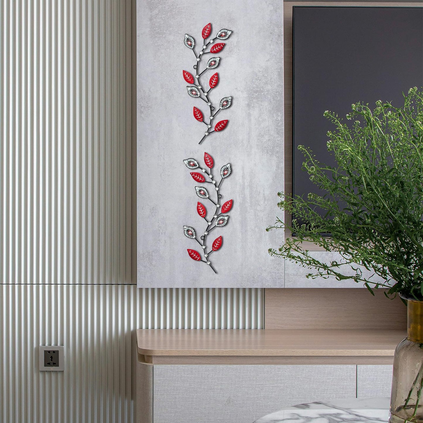 sxnzequnze 2 Sets Leaf Wall Art for Home Metal Bling Rhinestones Ready to Hang Tree Branch Leaves Olive Vine Wrought Iron Hanging Sculpture Pieces Wall Decor Pcs - 16.5in