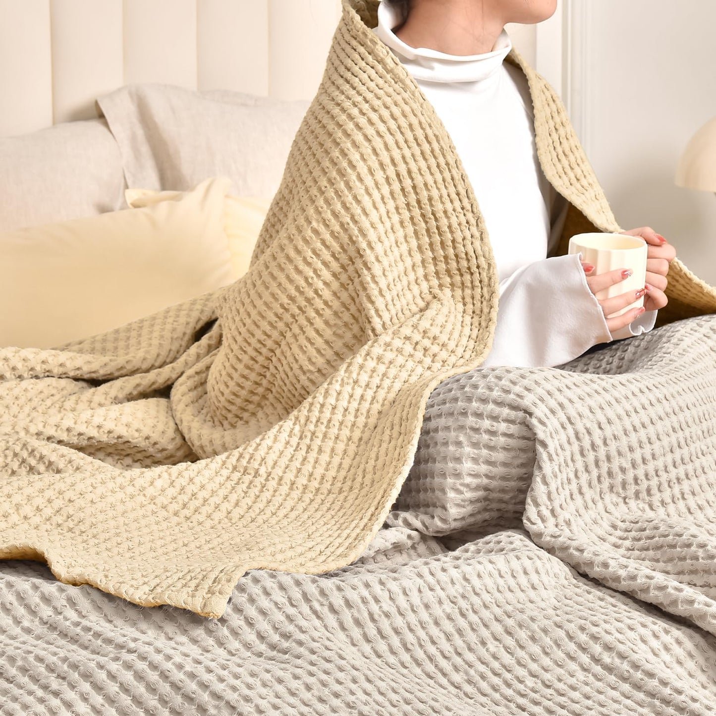 PHF 400GSM 100% Washed Cotton Waffle Weave Blanket, Cozy Breathable Skin-Friendly Throw King Size for All Season, Luxury Fall Layer Bedspread for Couch Bed Sofa, Elegant Home Decor,Beige,104"x90"