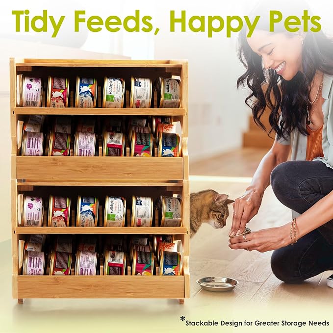 Coanto Cat Food Can Organizer for Pantry, Bamboo 2-Tier FIFO Rotating Can Dispenser, Holds 36 (3oz) Wet Cat Food Cans, Stackable Storage Shelf for Kitchen Cabinet