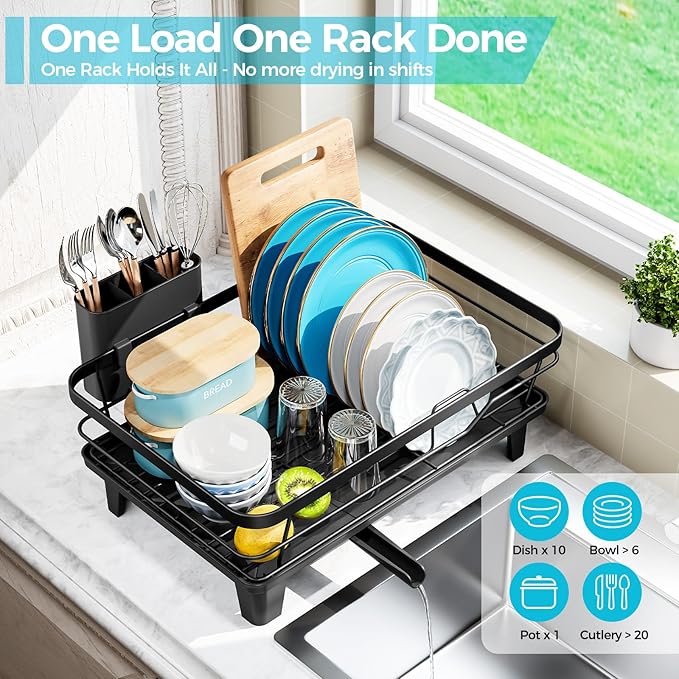 Urackify Dish Drying Rack for Kitchen Counter, Sink Dish Rack with Drainboard 12.2" W x 16.5" L, Large Dish Drainer with Cutlery Holder, Home Countertop Plate Dryer Storage Rack, Black