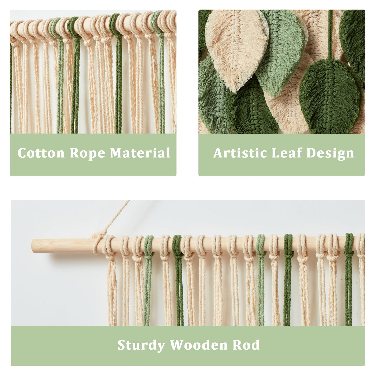 Macrame Wall Hanging Boho Wall Tapestry Handmade Woven Leaf Wall Decor Crochet Wall Art for Home Office Apartment (Green, 15.8" W X 31.5" L)