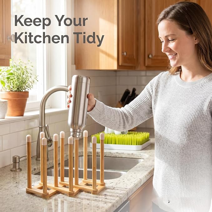 Bamboo Retractable Bottle Drying Rack Cup Dish Drying Racks,Sports Water Bottle and Mug Drainer Stand, Plastic Bag Dryer Rack and Multifunctional Drying Rack for Kitchen Countertop