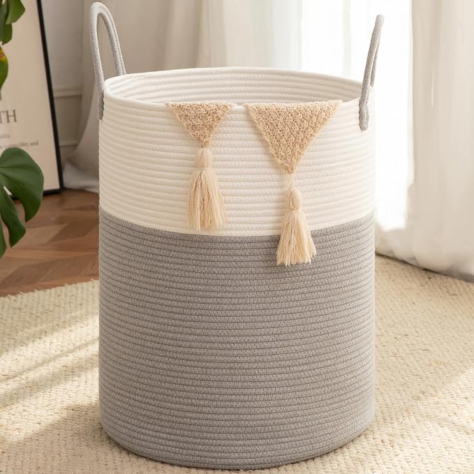 OIAHOMY Large Laundry Basket Hamper - 80L Cotton Rope Woven Basket for Blankets, Toys, Clothes - Tall Decorative Nursery Hamper with Long Handles, Grey/White