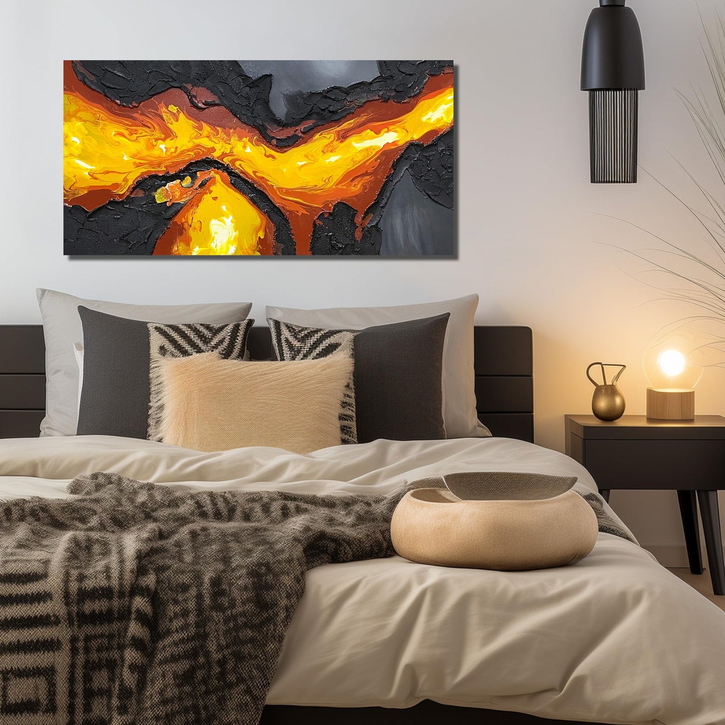 GUGIKA Abstract Wall Art for Living Room, Hand Painted 3D Textured Magma Paintings, Black and Gold Yellow Volcanic Lava Canvas Wall-Decor for Bedroom, Size 40 x 20 Inches