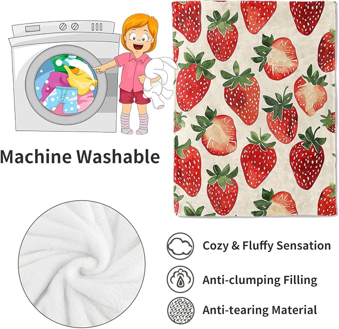 Strawberry Blanket,Sweet Juicy Red Fruit Throw Blankets,Gifts for Kids & Foodies & Summer Lovers,Lightweight Soft Fleece,for Picnic Sofa Couch Bed Room Travel,Birthday Decor,60x80in