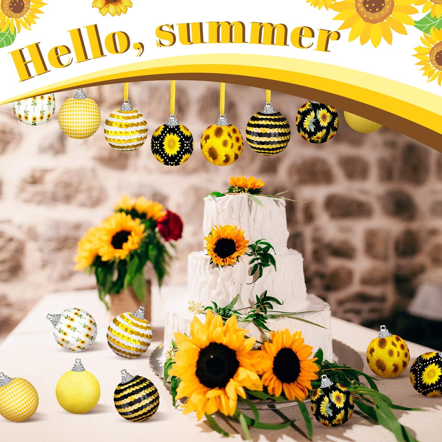 Zeyune 16 Pcs Sunflower Tree Ornaments Summer Decorations for Small Tree Yellow Sequin Ball Ornaments Sunflower Hanging Decorations with Ropes for Summer Holiday Party Supplies(Cute)