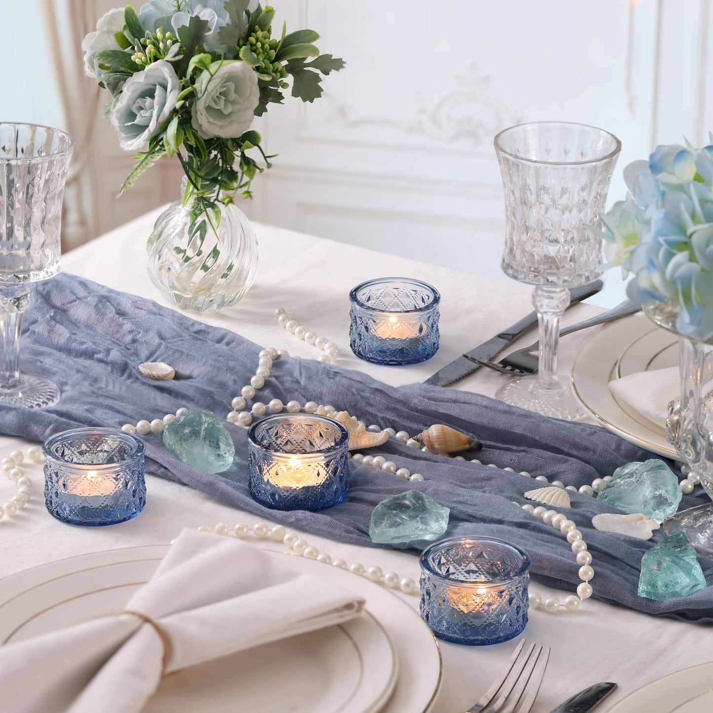 MATAHUM 24 Pack Blue Tealight Candle Holders, Diamond Glass Votive Candle Holders Bulk for Wedding Centerpieces, Beach Theme Bridal Shower, Baby Boy Shower, Birthday Party Decor