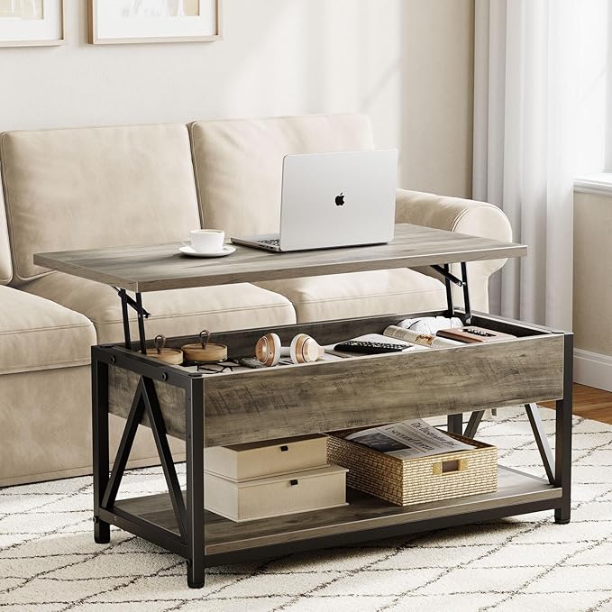 Memobarco Lift Top Coffee Table,Lift Coffee Table with Storage Shelf and Large Hidden Compartment for Living Room,Lifting top Coffee Tables for Small Space,Grey