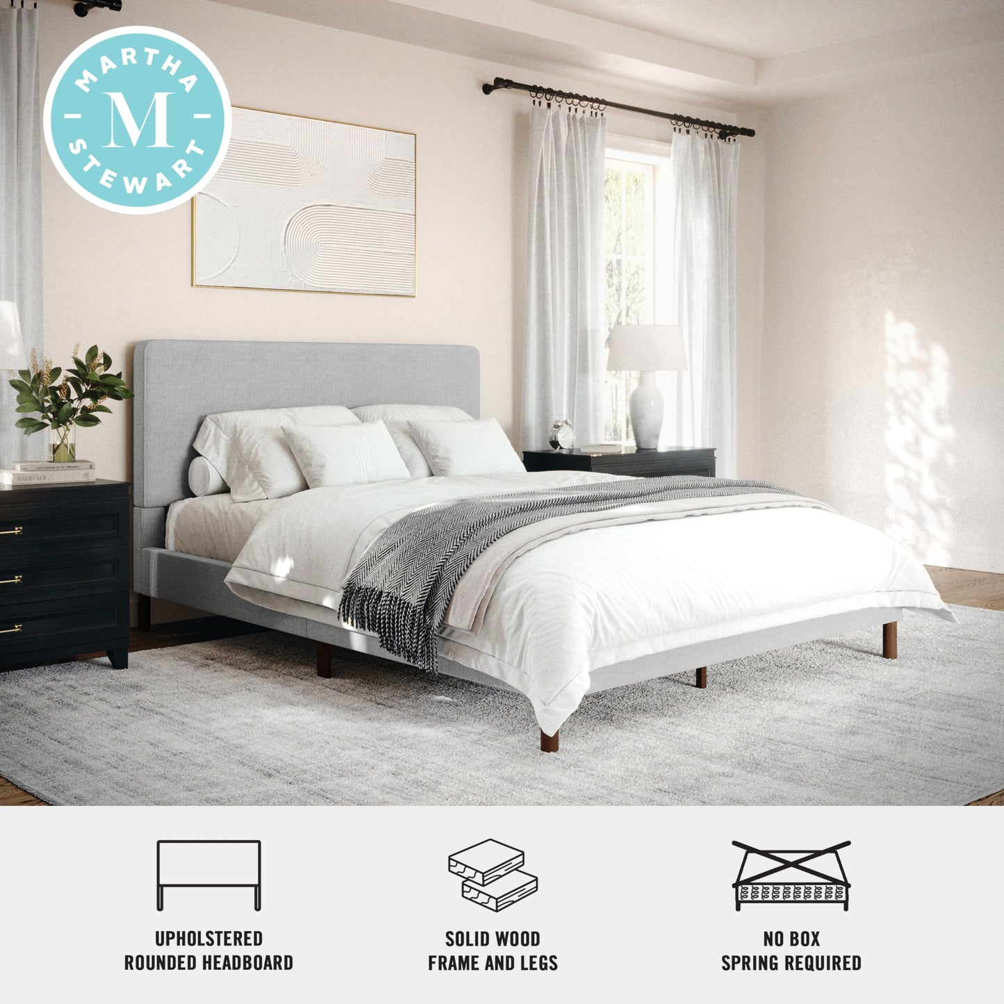 Martha Stewart Britta Platform Bed with Headboard & Footboard, Faux Linen Upholstery with Piping Detail, Rounded Headboard, No Box Spring Needed, Queen, Gray
