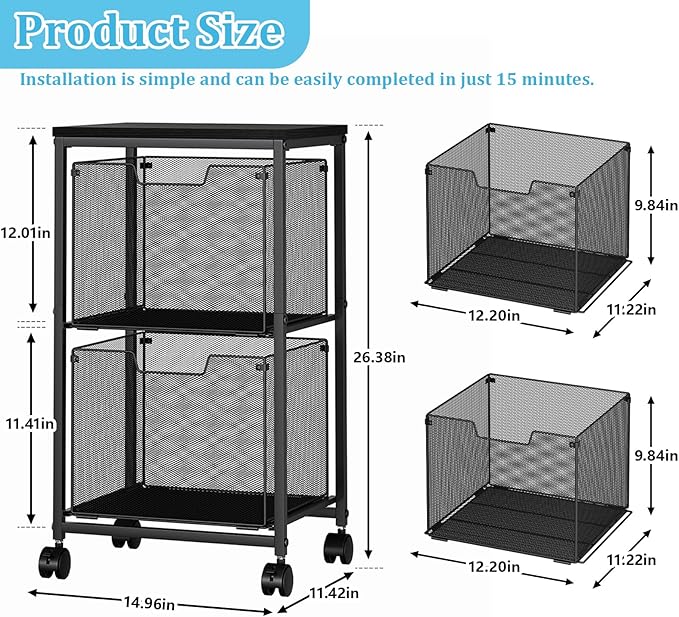 Sbanmao Rolling File Cart with 2 Storage Drawers, Mobile File Cabinet with Wheels, Hanging File Folder Organizer, Under Desk Storage, Printer Stand Utility Cart Filing Cabinet for Home Office,Black