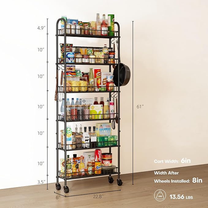 6-Tier Slim Storage Cart, Rolling Kitchen Cart with Wheels | Narrow Metal Shelf Organizer with Hooks for Kitchen, Bathroom, Living Room, Laundry, Small Spaces, Black, 6 in