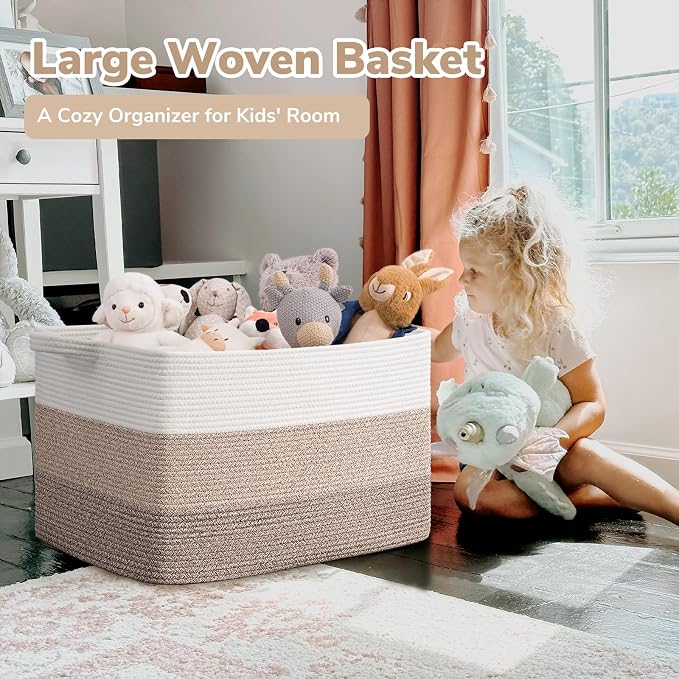 Goodpick Large Woven Blanket Basket 23.6" x 15.7" x 13.8" Cotton Rope Storage Organizer for Dirty Clothes Pillows, Soft Toy Storage Basket for Nursery Home Decor, White & Light Brown