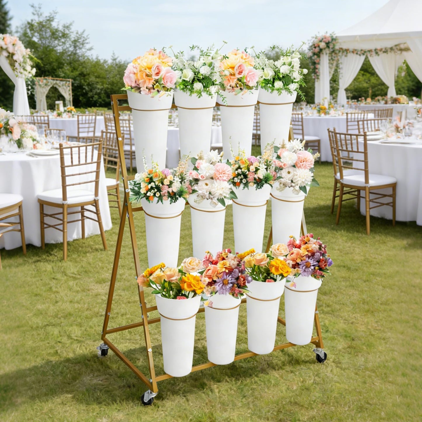 Garvee Flower Display Stand,3 Tier Flower Cart with 12 Round Buckets and Wheels, Moving Flower Cart Display Stand for Garden, Wedding, Flower Shop,Gold