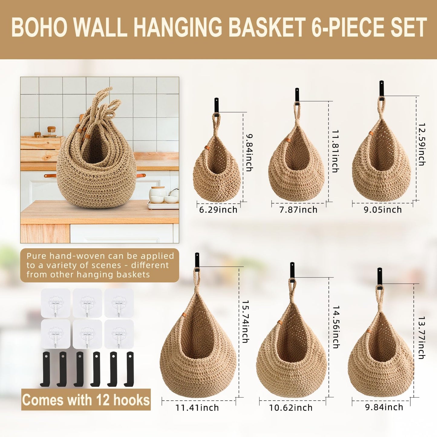 LOCS MICRAI Hanging Fruit Baskets for Kitchen - 6 Pack Boho Wall Hanging Basket,Handwoven Wall Fruits Basket,for Garlic Potato Vegetable Onion Teardrop Home Hanging Storage Baskets(Brown Classic)