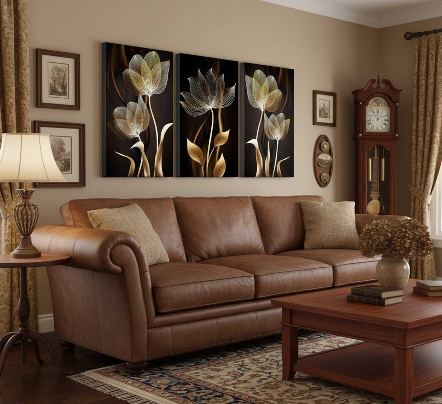 3 Pieces Modern Abstract Brown Flowers Canvas Wall Art Minimalism Black and Gold Floral Painting Pictures Luxury Wall Decor Posters Print Artwork for living room Office Bedroom Home Decoration