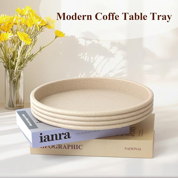 YMXYJM Round Decorative Tray - Modern Coffee Table Tray Decor, Resin Home Decor for Living Room & Bedroom. Multi-Functional Coffee Table Centerpiece with Anti-Slip Pads - 11x1.5 Inch Key Trays - Beige