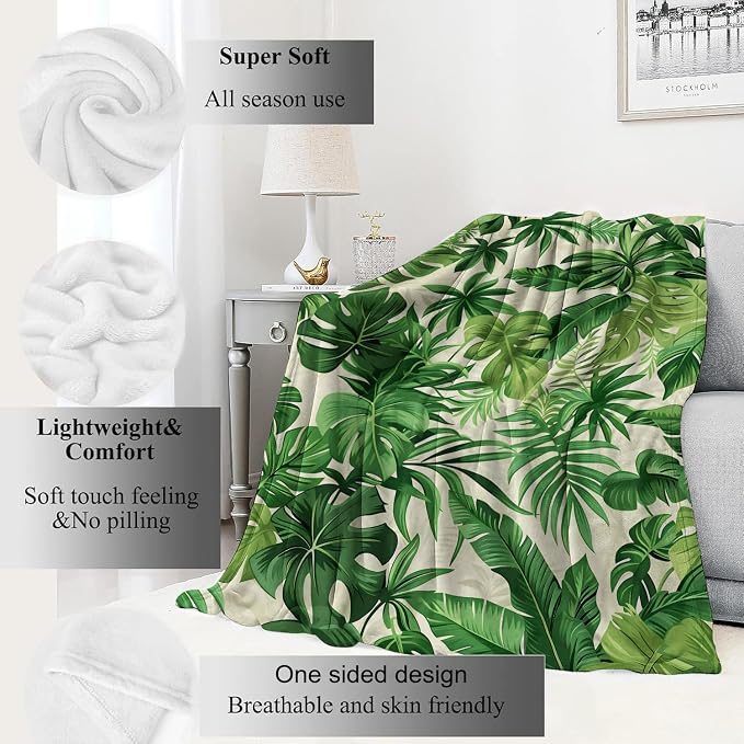 Tropical Green Leaves Blanket Lush Botanical Leaf Throw Blankets with Plant,Birthday Gifts for Girls Women & Nature Lovers,Lightweight Soft Fleece,for Sofa Couch Bed Room Decor 60x80in