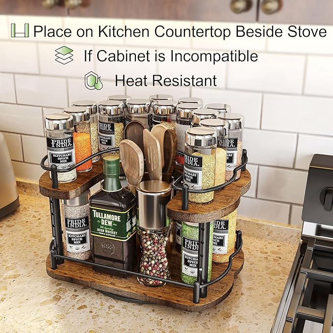 Lazy Susan Organizer Spice Rack - Spice Organization for Cabinet Height Adjustable Rotating Lazy Turntable, Pantry Kitchen Wood Revolving Seasoning Organizer (Vintage, 12 Inch)