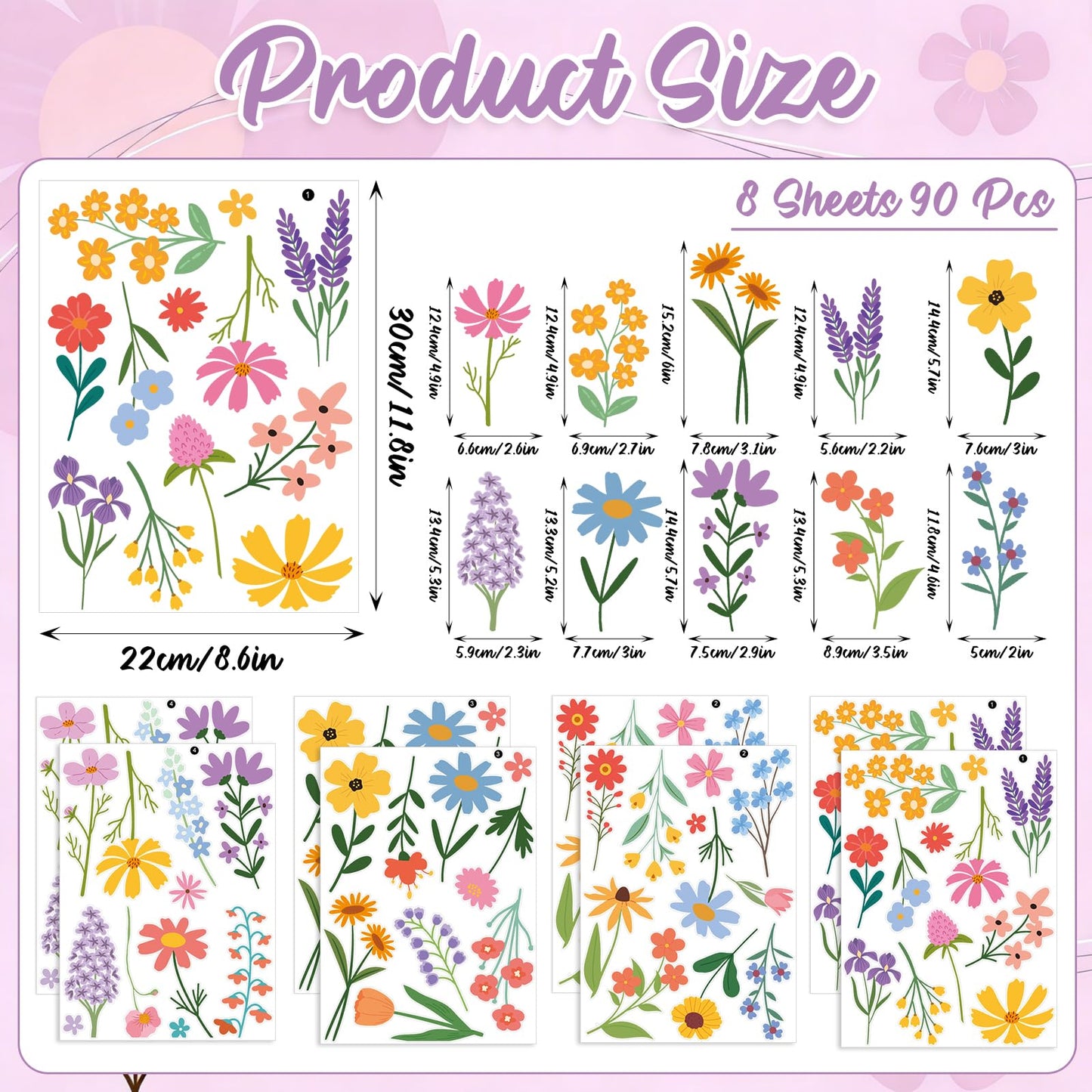 Spring Flower Wall Stickers, 8 Sheets Wildflower Wall Decals Peel and Stick Floral Wall Decor for Girls Bedroom Nursery Spring Room Decorations 90 Pcs