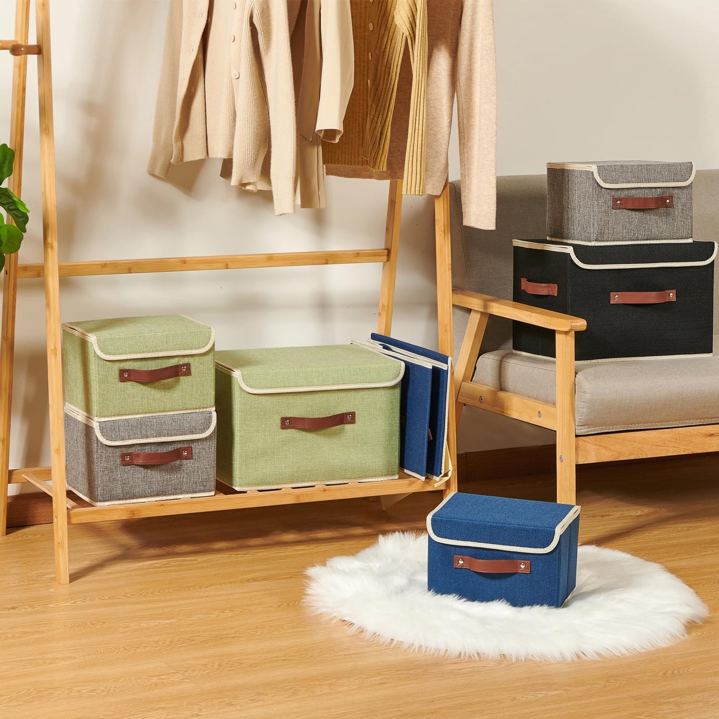 VinneGenzz Storage Boxes with Lid Cotton Linen Fabric Storage Bins Organizer Container Decorative Collapsible Washable Shelf Baskets Faux Leather Handles for Home Bedroom Closet (Deep Blue, Large)
