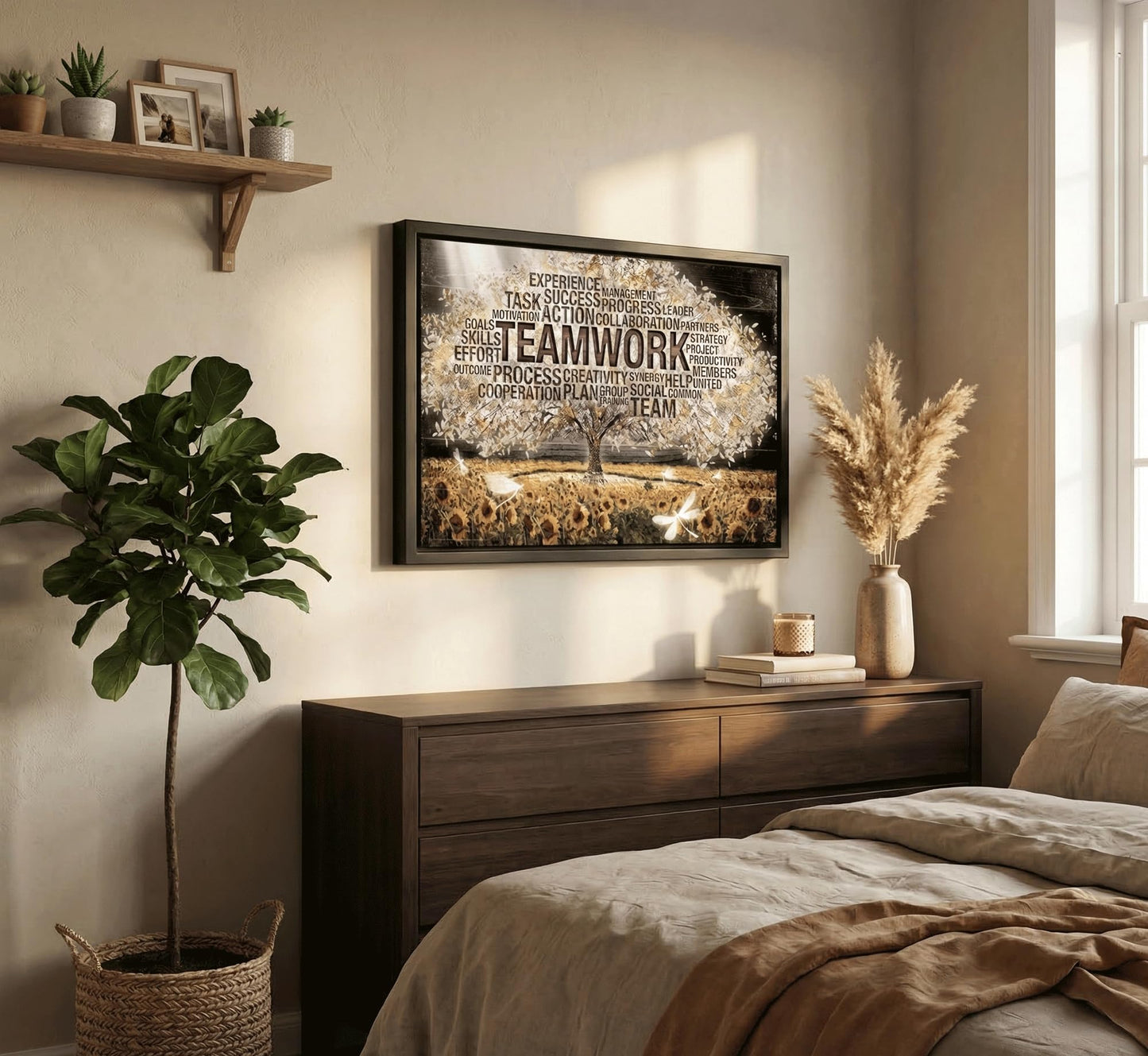 Framed Teamwork Tree Canvas Wall Art Inspirational Office Wall Decor Picture Motivation Positive Quotes And Sunflower Poster Print Painting for Living Room Bedroom Classroom Home Decoration