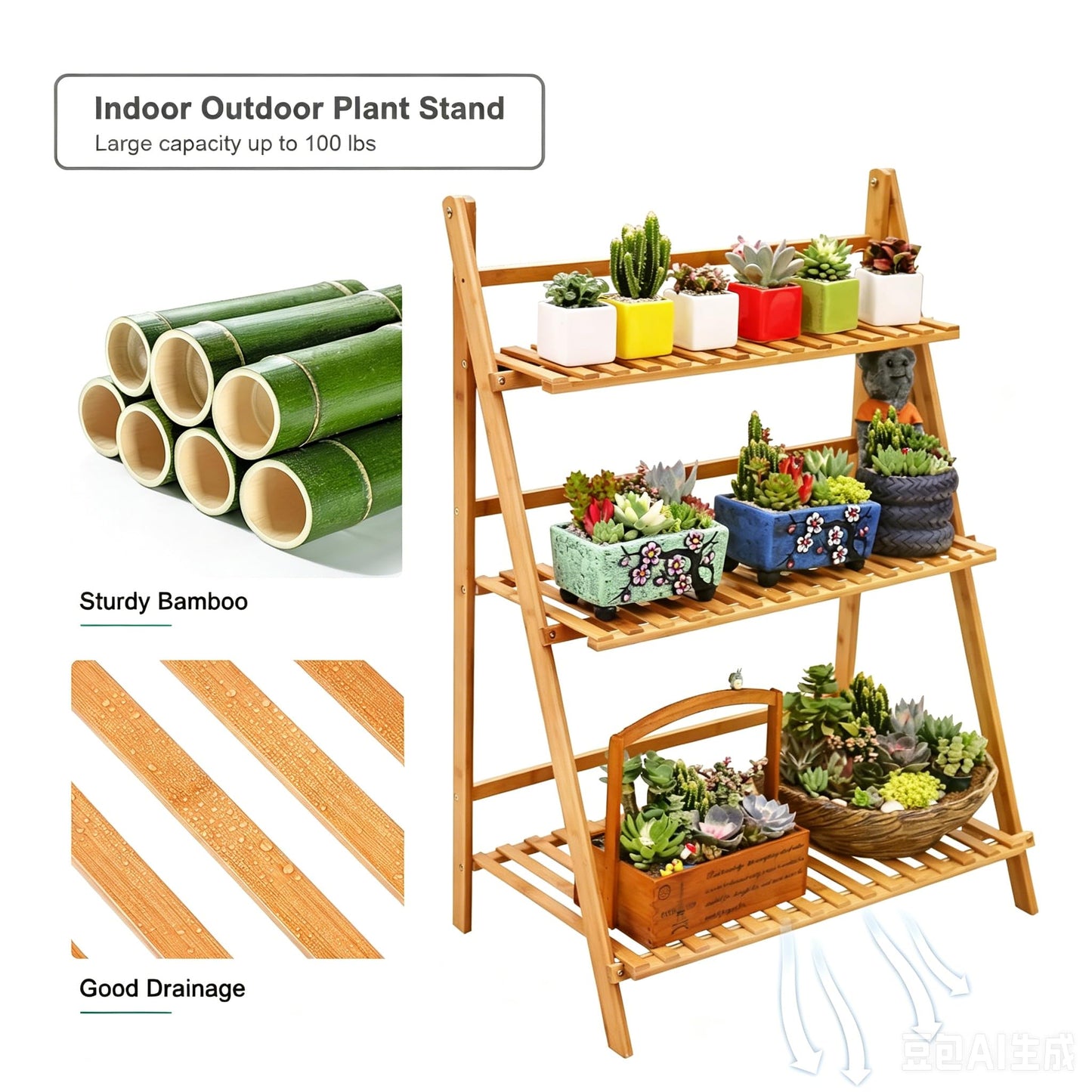 Ufine Bamboo Ladder Plant Stand 3 Tier Foldable Flower Pot Display Shelf Rack for Indoor Outdoor Home Patio Lawn Garden Balcony Organizer Planter Holder