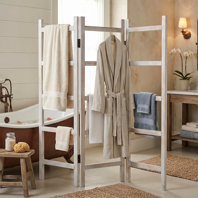 Blanket Ladder,59" H Wood Blanket Ladder for Living Room, Decorative Quilt dispaly Rack, Free Standing and Folding Towel Rack for Bathroom,Whitewashed.