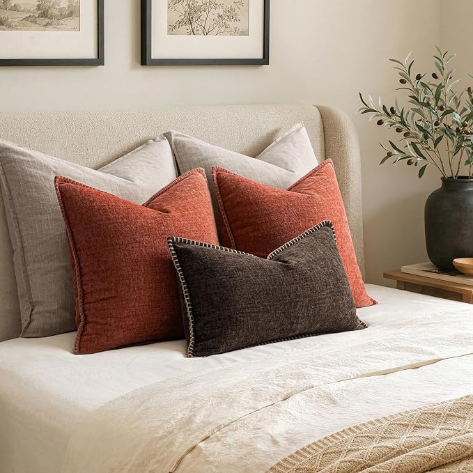 MIULEE Pack of 2 Fall Couch Throw Pillow Covers 18x18 Inch Burnt Orange Farmhouse Decorative Pillow Covers with Stitched Edge Soft Chenille Solid Dyed Pillow Covers for Sofa Bed Living Room