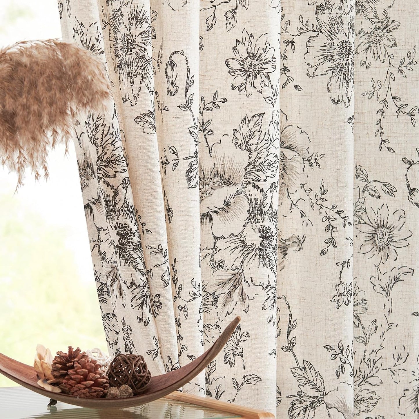 jinchan Floral Curtains for Living Room 84 Inch Length Farmhouse Printed Curtain Rod Pocket Back Tab Black Peony Flower Patterned Drapes Bedroom Window Curtains Set 2 Panels 25% Linen 75% Polyester