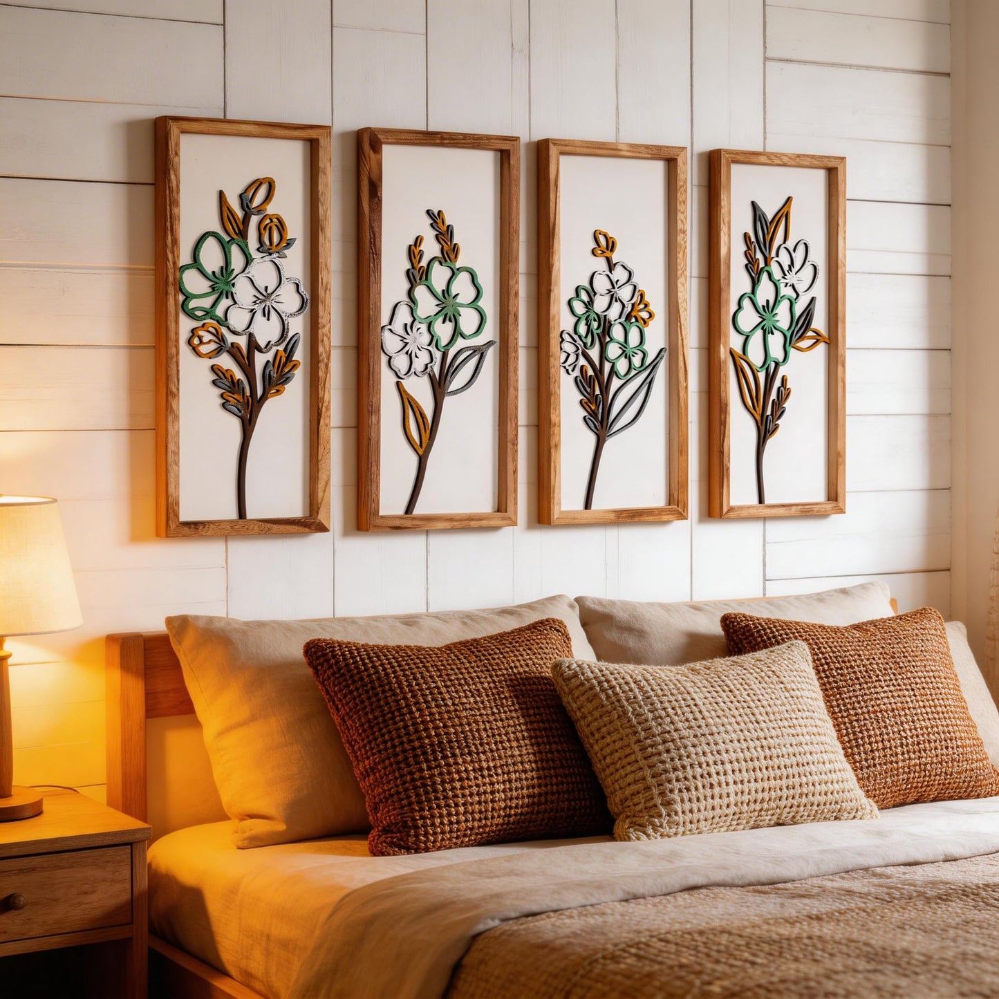 3D Wooden Framed Floral Wall Art 16 inch Ready-to-Hang Set Stylish Painting for Bathroom Living Room Kitchen Boho Botanical Farmhouse Decorations Gift Idea