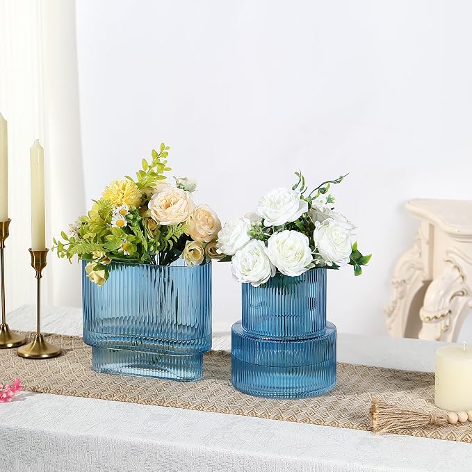 Blue Glass Vases, Set of 2 Ribbed Vases for Flowers, Blue Vase for Tulips, Modern Glass Vase for Living Room, Dining Table, Office, Entryway, Mantle, Bookshelf, Wedding Gifts