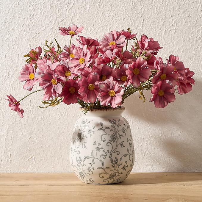 SIDUCAL Ceramic Vintage Pastoral Vase, 7.2 Inch Chinoiserie Floral Vase, Retro Ice Cracked Rustic Farmhouse Vases for Home Decor, Living Room, Bookshelf, Office, Tuscan Decor, Gray Floral
