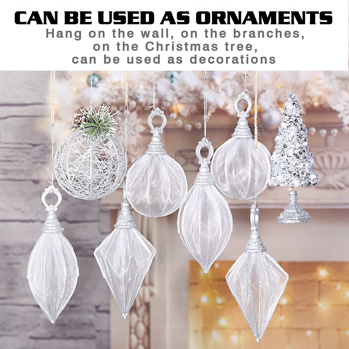 Christmas Ball Ornaments, 6pc Set Silver Rugby,Round Ball, Diamond Pendant Christmas Decorations Hanging for Xmas Tree Decorations Wedding Party