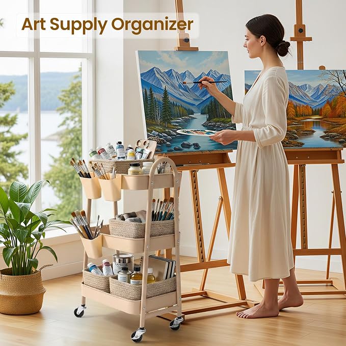 3-Tier Rolling Utility Cart with 4 Woven Baskets, Diaper Book Snack Cart, Storage Organizer for Nursery, Kitchen, Craft Room, Home SPA, Living Room, Metal Frame Trolley on Lockable Wheels, Brown