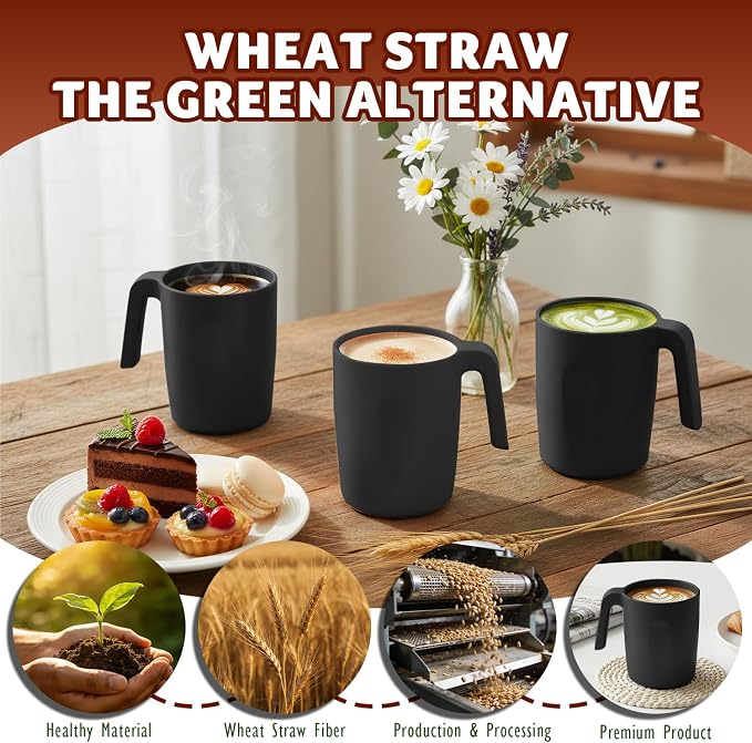 Wheat Straw Coffee Mugs 16 OZ, Unbreakable Drinking Cups with Handle Set of 6, Alternative to Plastic Reusable Coffee Cups, Microwave Safe & Dishwasher Safe Coffee Cup Set for Kichen, Black
