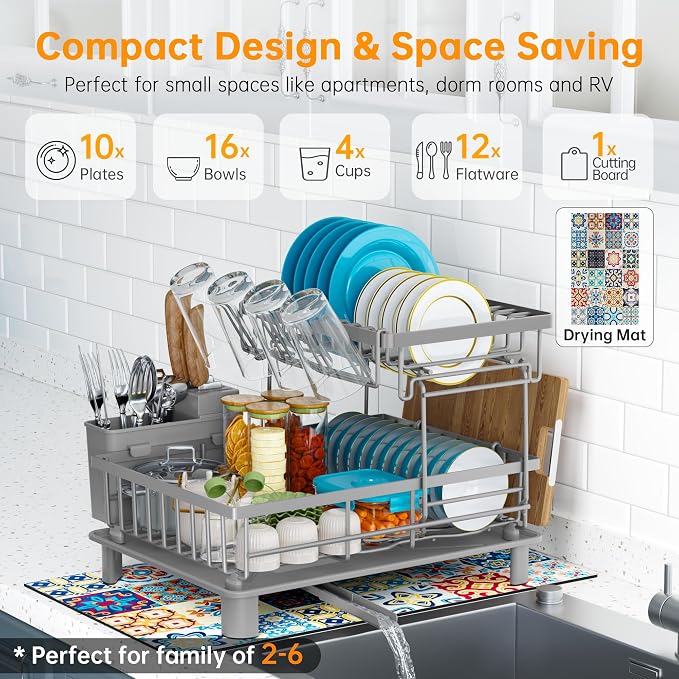 2 Tier Dish Drying Rack, Large Dish Racks for Kitchen Counter with Drying Mat, Detachable Dish Drainer Organizer, Rust-Resistant Space-Saving Dish Rack with Drainboard and Utensil Holder,Gray