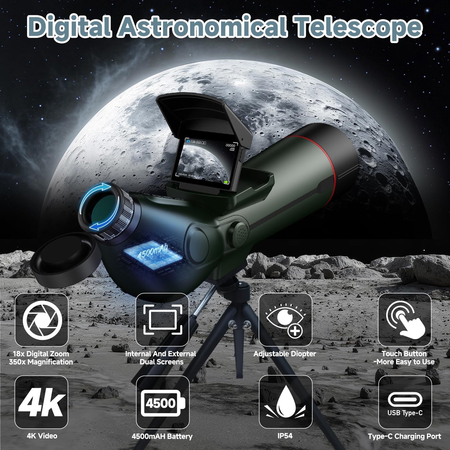 Smart Telescope, Professional Refractor Auto-focus Portable Digital Electronic Telescopes with 4K Astrophotography Camera, Internal And Externat Dual Screens Spotter for Adults and Beginners Astronomy