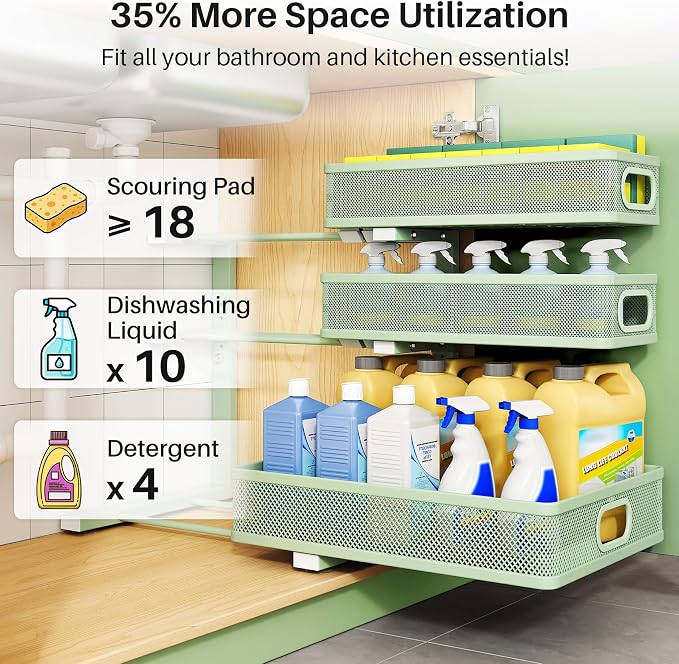 Kitstorack Under Sink Organizer, 1-Pack 3-Tier Height Adjustable Thickened Metal Pull out Cabinet Organizer Shelf, Slide out Storage Drawer Rack for Bathroom Kitchen Pantry Home Organization, Green