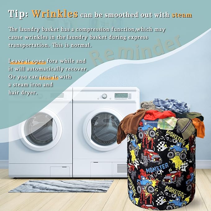 Funny Cars Printed Laundry Basket Foldable With Handles Tote Bag Oxford Cloth Colorful Laundry Hamper Clothes Storage Bucket Toy Organizer 18.9"x16.5"For Bathroom/Laundry/Bedroom