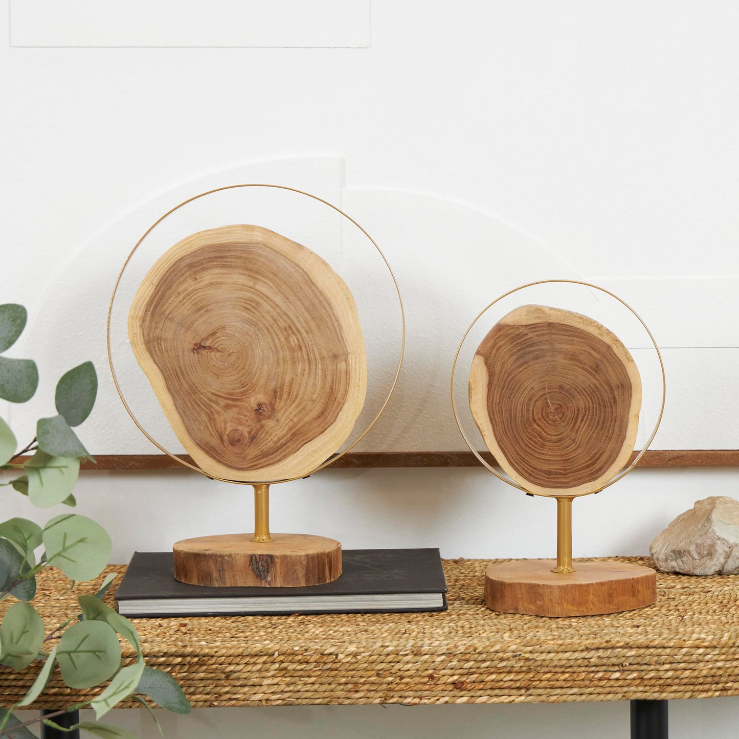 Deco 79 Wood Abstract Handmade Decorative Sculpture Live Edge Slab Home Decor Statues with Gold Metal Rings, Set of 2 Accent Figurines 14", 11"H, Brown