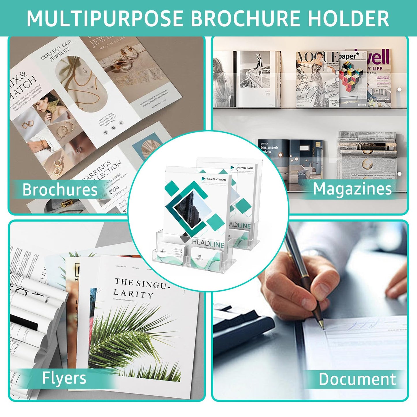 2 Pack Acrylic Brochure Holder 8.5 x 11 Inch with Business Card Holder, Clear Acrylic Brochure Holders Plastic Flyer Display Stand for Magazine, Pamphlet, Booklets, Menu, Journals, Literature