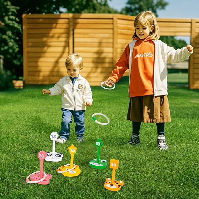 Wooden Ring Toss Game Set, Animal Ring Toss Game Toys, Fun Indoor & Outdoor Yard Game for Kids Adults - Lawn and Backyard Game for Family Birthday Party Easter Festivals Summer Beach Fun Activities