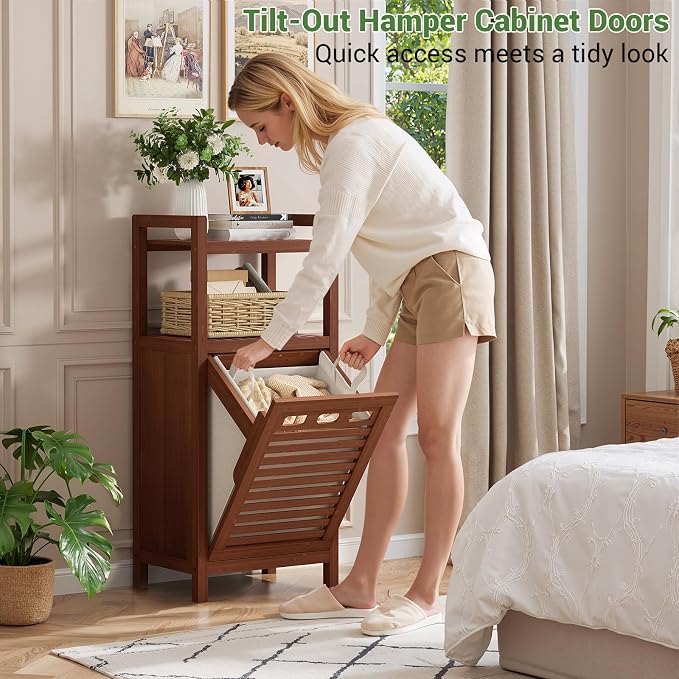 Homykic Tilt Out Laundry Hamper, 10 Gal Bamboo Laundry Storage Cabinet with Removable Basket, Hidden Hamper Organizer with Shelf for Dirty Clothes, Bathroom, Laundry Room, Space Saving, Walnut